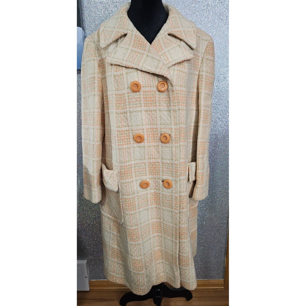 Vintage ILGWU Union Made Plaid Tweed Double Breasted‎ Peacoat Orange Green Cream